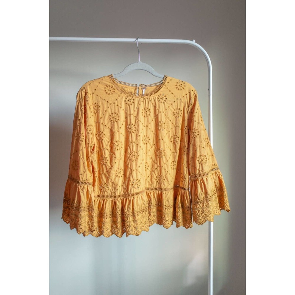 Free People Merci Beaucoup Eyelet Blouse Mustard Golden Yellow Boho Top SZ L